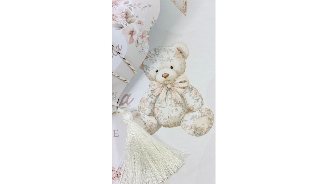 Trusou botez Nude Teddy Bear Toile de Jouy bej crem cu accente light pink și pattern floral vintage 14